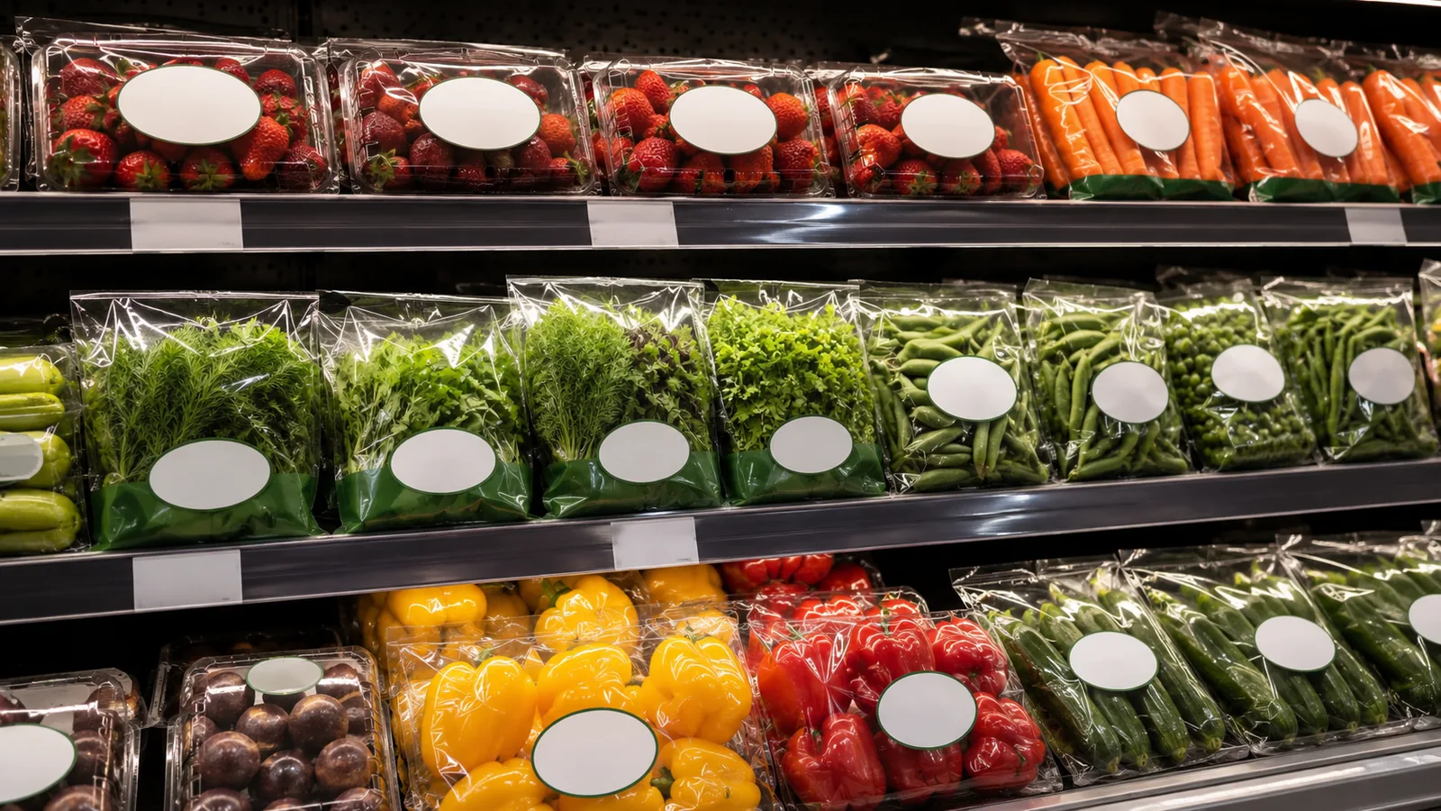 Packaged produce displayed in a supermarket refrigerated case